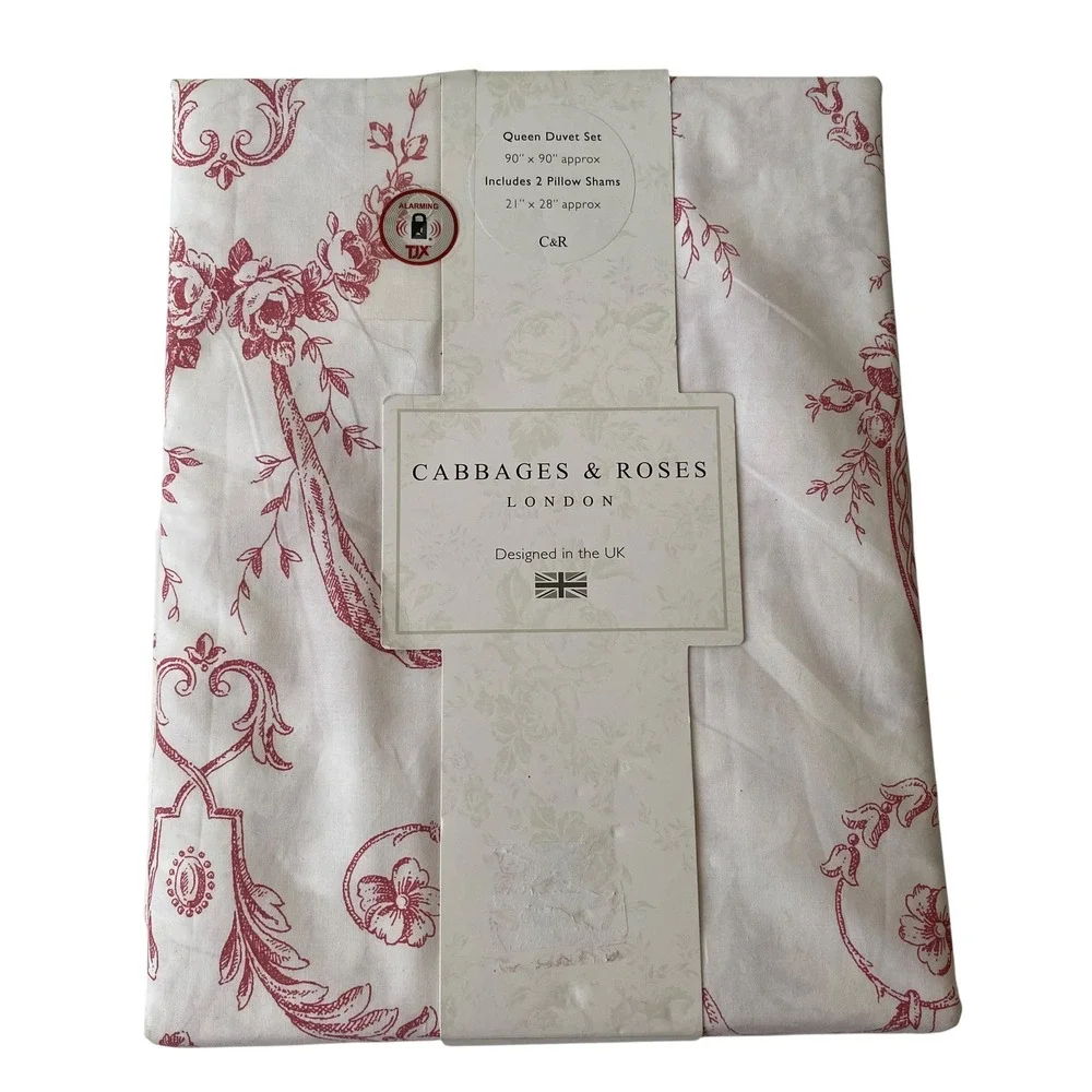 Cabbages &‎ Roses London Queen Duvet Set Floral Toile Berry Red Cotton Christmas